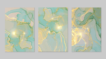 Emerald, grey, gold marble abstract backgrounds. Set of alcohol ink technique vector stone textures. Modern paint in natural colors with glitter. Template for banner, poster design. Fluid art painting
