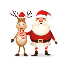 Happy cute Santa Claus and deer hugging. icon for postcards, banners and advertisements for the New Year and Christmas isolated on white background. Vector illustration EPS 10