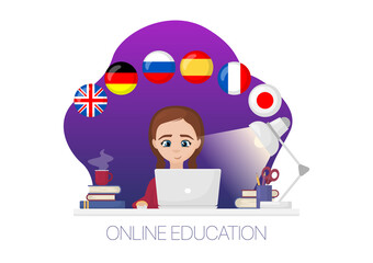 Young girl with laptop. Online language education illustration. Girl studying with computer and books flat vector art. 