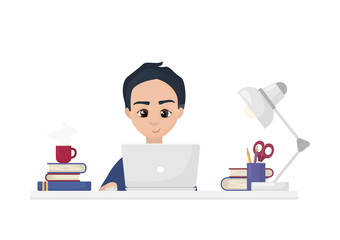 Young boy with laptop. Online education illustration. Boy studying with computer and books flat vector art. 