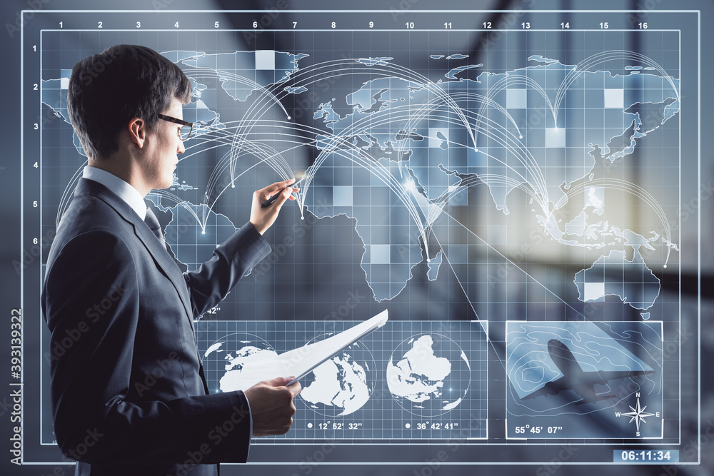 Wall mural businessman working with digital world map, networking and globalization concept