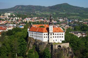 Obraz premium Decin Castle aerial panoramic view above historic town, Czech Republic