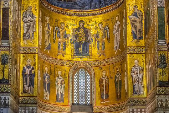 Interior of Roman Catholic Cathedral of Monreale (or Duomo di Monreale, 1267) near Palermo. Byzantine mosaics in the Cathedral of Monreale. Monreale, Sicily, Italy. September 28, 2018.