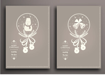 Christmas Greeting Cards Beige Design With Christmas tree and Snowman. Cards for invitation, greeting and congratulation with New  Year. Vector Illustration.
