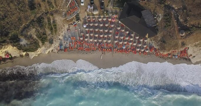 Beautiful seascape. Beach on coast of Ionian Sea in Albania, Ksamil, near Greece island Korfu. Birdseye view of Mirror Beach (Pasqyra) in Saranda, Albania (Albanian Riviera) View from drone