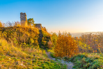 Fototapeta premium Ruin of castle Zubstejn standing on hill, Czech Republic. Castle built in 13 th century. Autumn day during the sunset. One of biggest ruins in Czechia. Also known as Zuberstein or Zubstein.