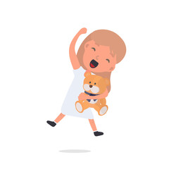 Happy girl holding a teddy bear. Child, brown toy bear. Isolated. Vector.