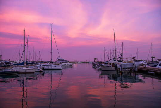View of the Marina, painted purple by the setting sun