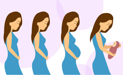 Obraz na płótnie Canvas Stages of a girl's pregnancy. The beginning of pregnancy, the process of pregnancy, a girl with a newborn in her arms. Vector illustration