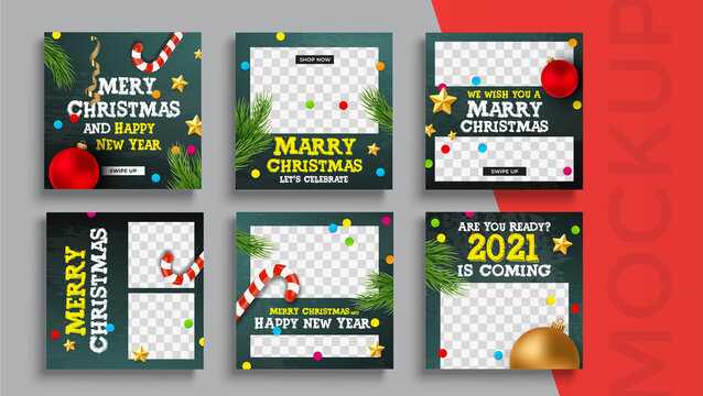 Merry Christmas and New Year banner editable template. Set of social media mobile app for shopping, sale, product promotion. 
