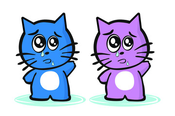 Two sad crying kitten characters with teardrops. Vector illustration on white background
