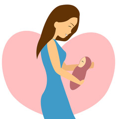 Girl with a baby in her arms. A young happy girl holds her newborn baby in her arms. Motherhood. Vector illustration