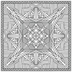 square mandala with linear ornaments drawn by hand on a white background for coloring, vector, mandala