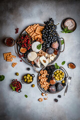 assortment of cheese, grape, berries, olives, figs and crackers on metal trays, party appetizer concept, top view