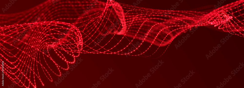 Poster Futuristic wave on dark background. Colored pattern of connection dots. Big data. Technology or Science Banner. 3D