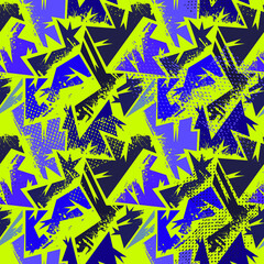 Abstract urban backdrop with curved geomtry seamless pattern and grunge spots in street style