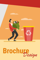 Young guy carrying bag with garbage to trash bin. Container, rubbish, junk flat vector illustration. Ecology and recycling concept for banner, website design or landing web page