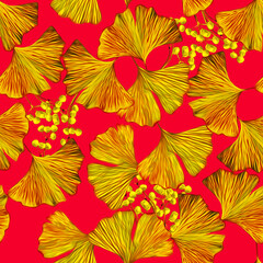 Ginkgo leaves with berries seamless pattern.