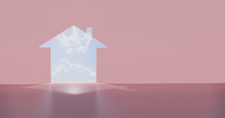Pastel pink wall with an opening in the shape of a house illuminated by sun rays, 3D illustration