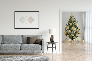 Bright living room interior with parquet floor, shaggy carpet, horizontal poster, the reading lamp next to a cozy gray sofa, Christmas tree with gifts in the background. Front view. 3d render