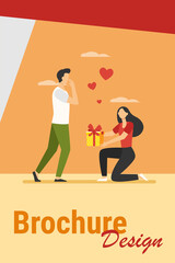 Woman giving gift to her boyfriend. Girl with present box getting down on one knee flat vector illustration. Love, special date concept for banner, website design or landing web page