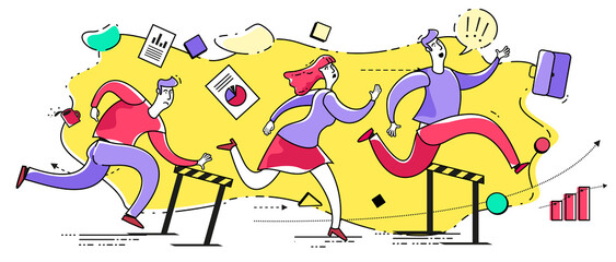 Business infographics with illustrations of business situations. Businessman running and jumping over obstacles, competition, competition. A man and a woman run, compete, reach the goal. Business