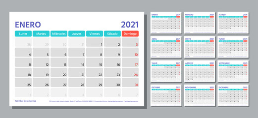 2021 Spanish planner. Calendar template. Week starts Monday. Vector. Calender layout with 12 month. Table schedule grid. Yearly stationery organizer. Horizontal monthly diary. Simple illustration