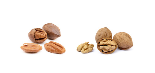 Pile of pecan and walnuts isolated on white background
