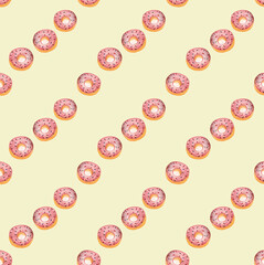 watercolor donuts illustration on yellow background seamless pattern