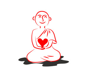 Buddhist monk sits in the lotus position and holds the heart. Silhouette. Vector illustration.