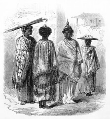 long dressed barefoot black women with various objects on head in Rio de Janeiro. Ancient grey tone etching style art by Riou on Le Tour du Monde, Paris, 1861
