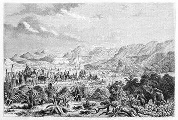 two mexican natives spying Mexican encampment on hot landscape in Boca Grande, Chihuahua, Mexico. Ancient grey tone etching style art by Sargent and Rond� on Le Tour du Monde, Paris, 1861 - obrazy, fototapety, plakaty