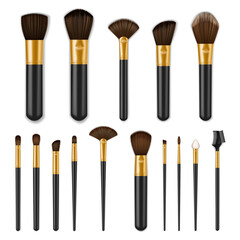 Makeup brushes realistic set, make up cosmetics, vector isolated 3D. Makeup brushes, black with golden for professional beauty make up, eye shadow, blush powder and eyebrow mascara comb with sponge