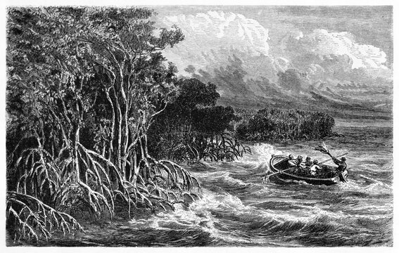 boat among rough waves trying to dock along the Brazilian jungle coast. Ancient grey tone etching style art by Terington, Biard and Gauchard, on Le Tour du Monde, Paris, 1861