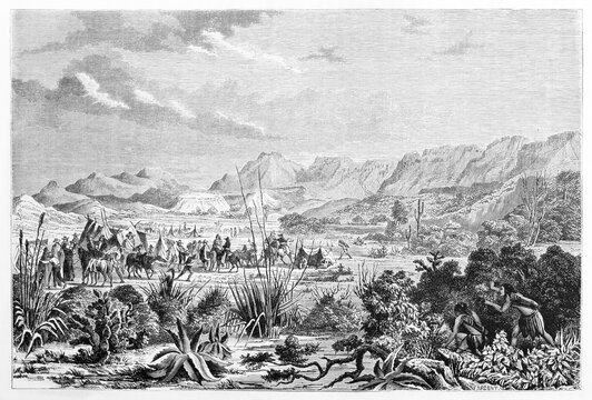 two mexican natives spying Mexican encampment on hot landscape in Boca Grande, Chihuahua, Mexico. Ancient grey tone etching style art by Sargent and Rond� on Le Tour du Monde, Paris, 1861