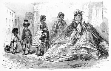 Brazilian lady kitsch style dressed and other black people in Rio de Janeiro. Ancient grey tone etching style art by Maurand on Le Tour du Monde, Paris, 1861