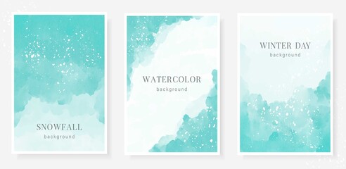 Abstract art winter snowy vector illustration watercolor background with frame for text and splashes, streaks and paint stains. Design template for banner, sale promotion, social media publication.