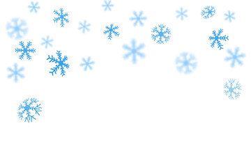 Snowflakes are blue, blurry, transparent. Vector illustration of a winter snow background. Decorative decoration for Christmas and new year. With space for text.
