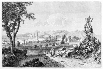people walking on nature landscape with path leading to Chihuahua city far in the distance, Mexico. Ancient grey tone etching style art by Sargent and Rondip on Le Tour du Monde, Paris, 1861 - 393147511