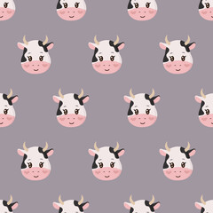 Animal seamless pattern and textile design with cute cow. Good for t-shirt design, fabric print, greeting card, wrapping, wallpapers. Childish vector illustration in flat style.