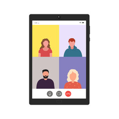 Screen video conference with person. Tablet video call vector illustration