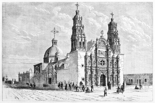 overall large view of Metropolitan Cathedral Church of the Holy Cross, Our Lady of Regia and St. Francis of Assisi, Chihuahua, Mexico. Art by Lancelot and Maurand on Le Tour du Monde, Paris, 1861