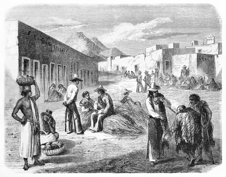 Mexican people outdoor in Chihuahua market with mountain and volcano in the distance. Ancient grey tone etching style art by Ehrard and Bonaparte on Le Tour du Monde, Paris, 1861