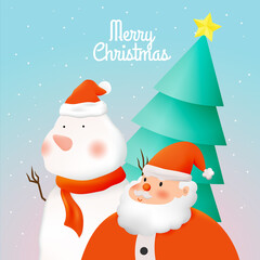 Santa claus in paper art style with snow and snowflake