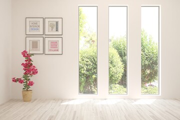 Fototapeta premium White empty room with summer landscape in window. Scandinavian interior design. 3D illustration