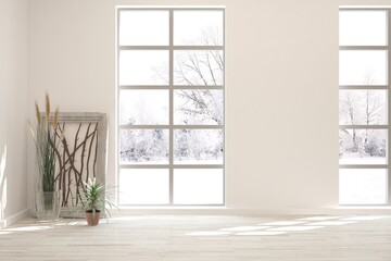 Mock up of empty room in white color with winter landscape in window. Scandinavian interior design. 3D illustration