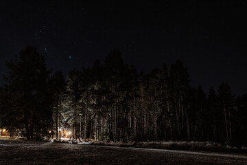 Amazing scenery of dark snowy forest with illuminated houses at night under starry sky in Scottish Highlands
