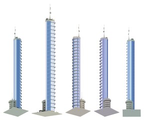 5 bottom view renders of fictional design skyscrapers with parking at the bottom with blue cloudy sky reflections - isolated, 3d illustration of architecture