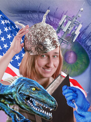 Smiling funny girl in a foil hat with american flag and some conspiracy theories symbols