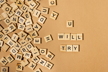 The word "YOU WILL TRY" is made of wooden letters on a brown background next to a bunch of other letters. Motivational Words Quotes Concept